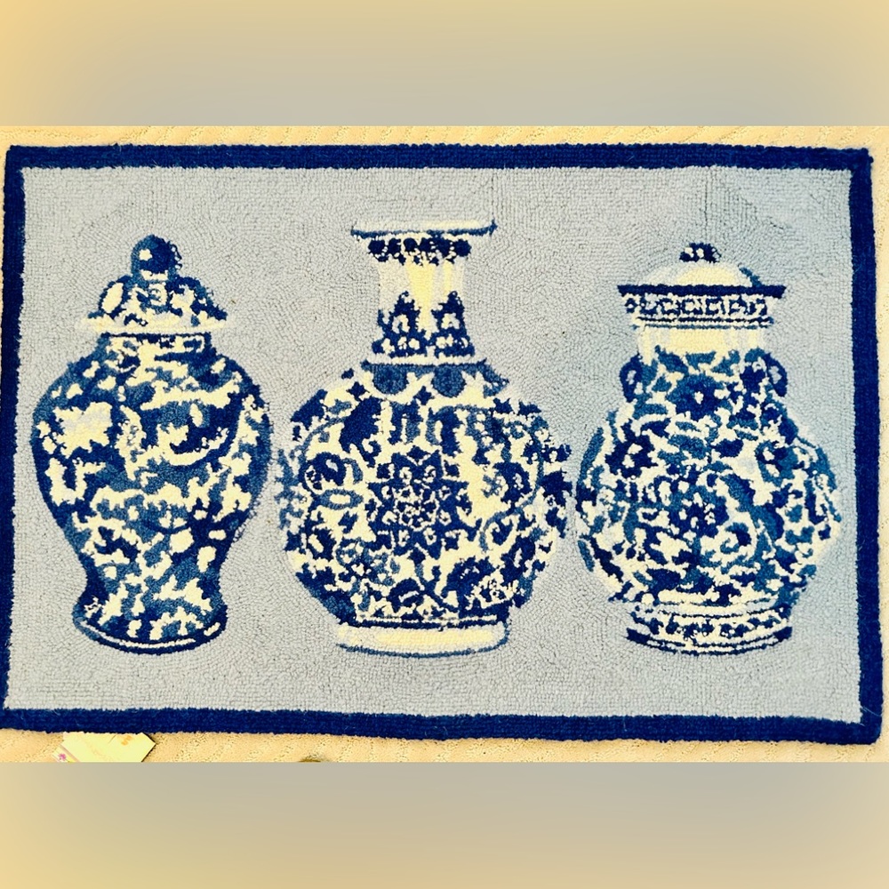 100% wool, 2’ X 3’ hooked rug/mat. Blue toile pattern. NWT.